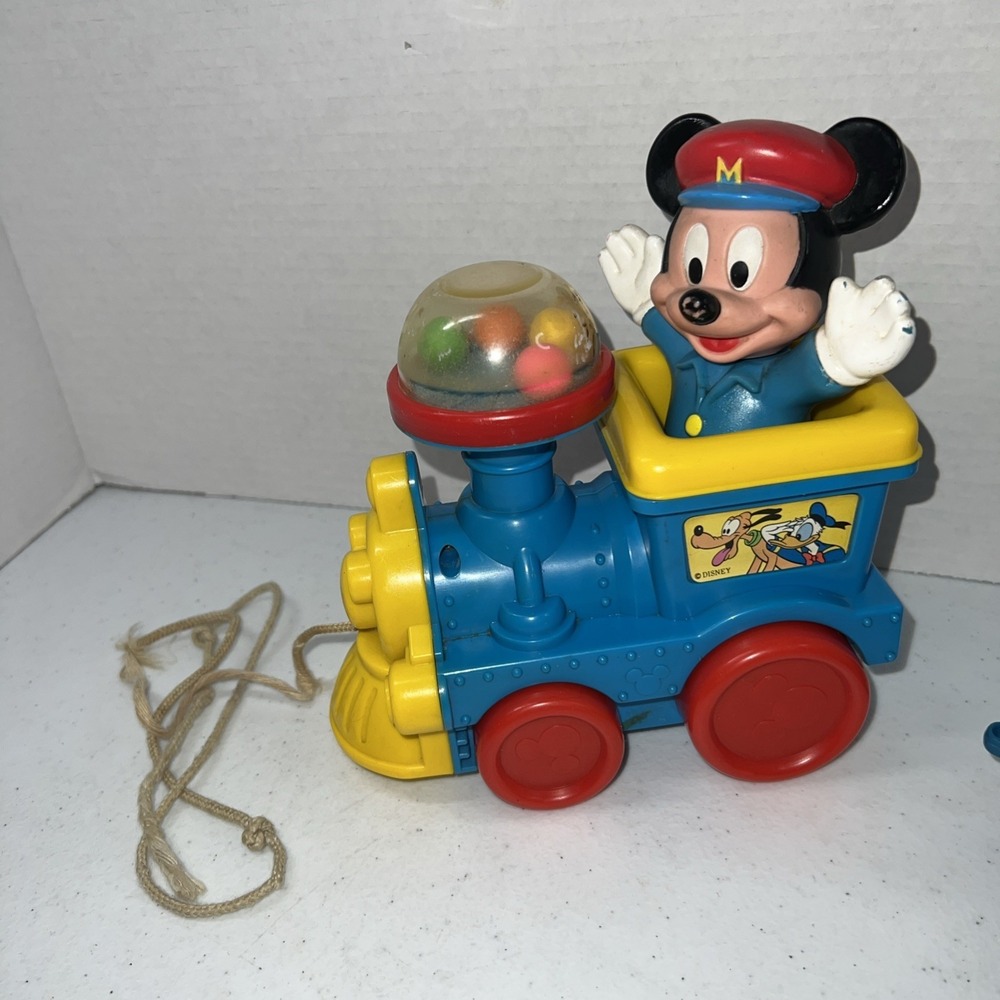 Vintage Disney - Vinyl Mickey Mouse Train Pull Toy Pop Balls Toddler Toy Popper